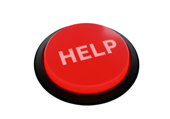 Isolated red help button on a black platform, emergency assistance, and quick support