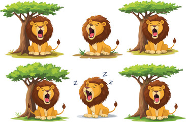 Cartoon lion resting under tree, yawning jungle animal, sleepy character art, nature theme, kids illustration, stock image