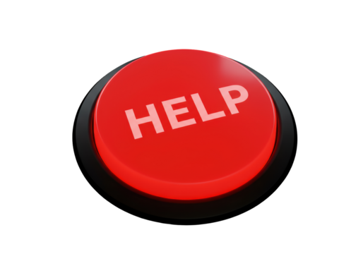 Isolated red help button on a black platform, emergency assistance, and quick support
