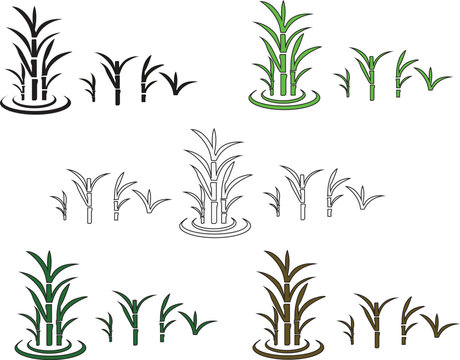 Sugarcane stalk icons, A dense patch of green sugarcane plants with tall stalks and leaves against a black background isolated view, Black Silhouette Sugarcane Plant Vector Icon,plants.