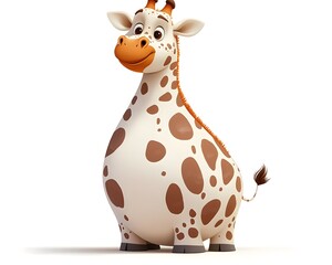 Fototapeta premium A cute and chubby cartoon giraffe with brown spots and an orange snout smiles happily isolated on a clean white background