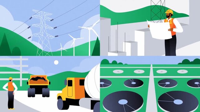 Renewable energy industry animation with hydro power, electric cars and sustainable future concept