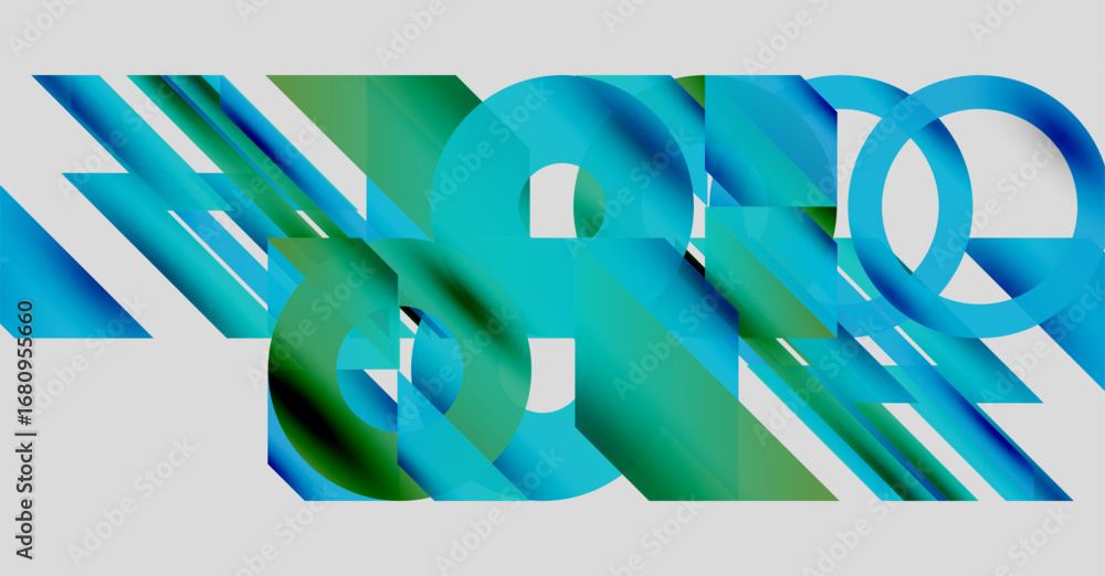 Poster abstract geometric composition. blue, green hues blend, creating dynamic visual effect. shapes overl