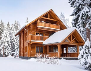 A charming log cabin, nestled amidst snowy pines, displays a warm, inviting atmosphere.