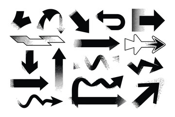 Halftone arrow icons, black direction symbol, dotted pointer, curved and straight arrow with fade effect. Navigation or progress sign, dot gradient border, stripe with arrowhead