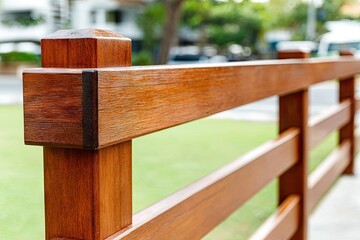 Close-up of a wooden fence with a polished, reddish-brown finish, showing detailed corner posts and horizontal rails, set against a blurred background of greenery and houses