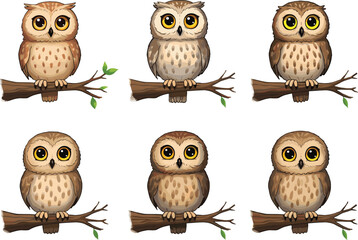 Cartoon owls on branches, spot the difference puzzle, expressive bird characters, nature theme, kids illustration, stock image, forest animals