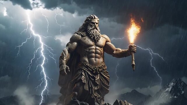 Ancient deity stands majestically with a torch in hand amid a dramatic thunderstorm