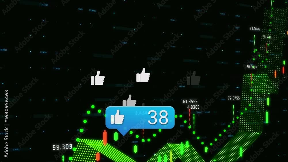 Poster like icon with increasing numbers on speech bubble and financial data processing on black background
