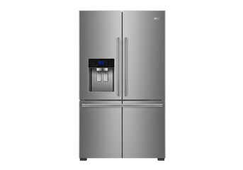 Isolated four-door refrigerator in silver stainless-steel color, appliance equipment in studio