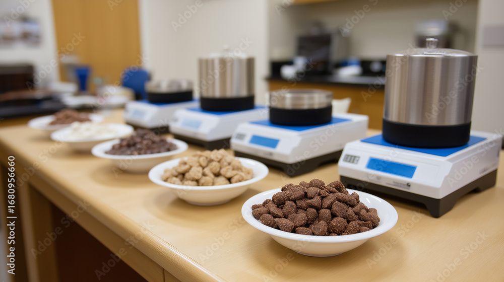 Poster r&d laboratory developing new plant based protein bar formulations food scientists testing different