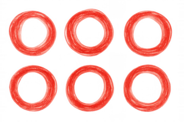 Six hand-drawn red circles creating a vibrant and dynamic design element, perfect for adding a touch of artistic flair to projects