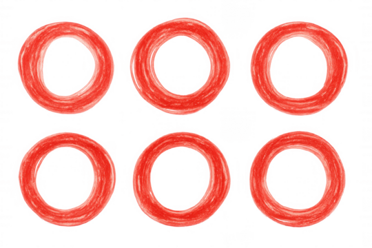 Six hand-drawn red circles creating a vibrant and dynamic design element, perfect for adding a touch of artistic flair to projects
