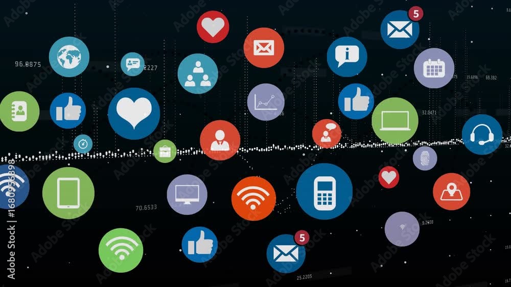 Poster digital animation of multiple digital icons over data processing against black background