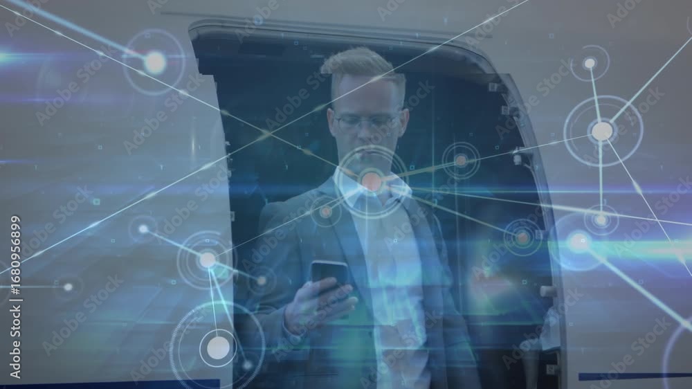 Aufkleber animation of data processing over caucasian businessman using smartphone
