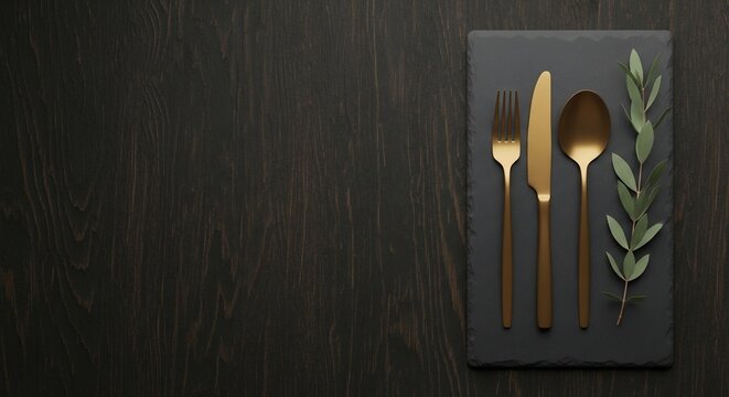 Elegant golden cutlery set on a dark slate placemat. - Powered by Adobe