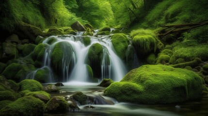 Waterfall cascades in a green forest