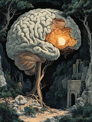 Giant Brain Tree with Glowing Light in Mysterious Forest and Ruins