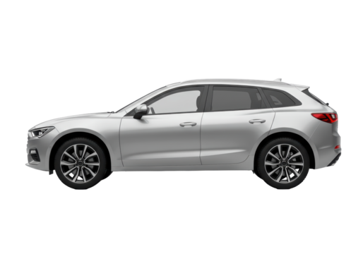 Isolated all-electric silver crossover utility vehicle on display in a studio shot