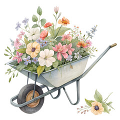 Watercolor Wheelbarrow with Assorted Colorful Flowers