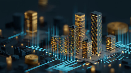 Modern digital auction platform interface displaying tokenized real estate assets blockchain transaction flows visualized as glowing data streams virtual reality headset showing