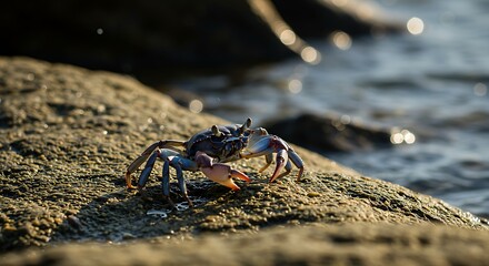 Fototapeta premium Vibrant Blue Crab on a Sun-Kissed Rock by Glistening Water
