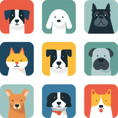 Set of funny pet avatars, flat design, transparent background, PNG