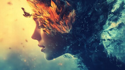 A woman's face is partially obscured by abstract feathers and light, creating a surreal and ethereal portrait.