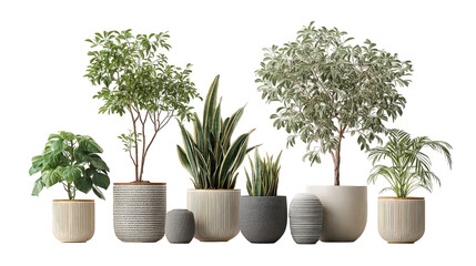 Collection of Potted Plants with Varied Textures and Geometric Pots