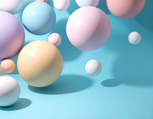 Soft pastel spheres floating and casting shadows on a bright blue background