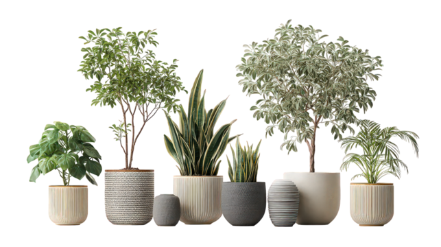 Collection of Potted Plants with Varied Textures and Geometric Pots
