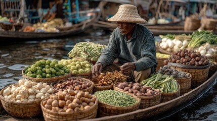 Authentic floating market experience with fresh produce in traditional boat