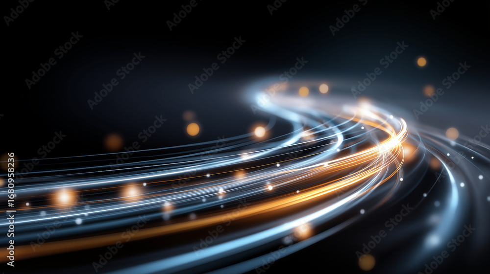 Poster a futuristic financial technology hub where ai algorithms manifest as flowing ribbons of light trans