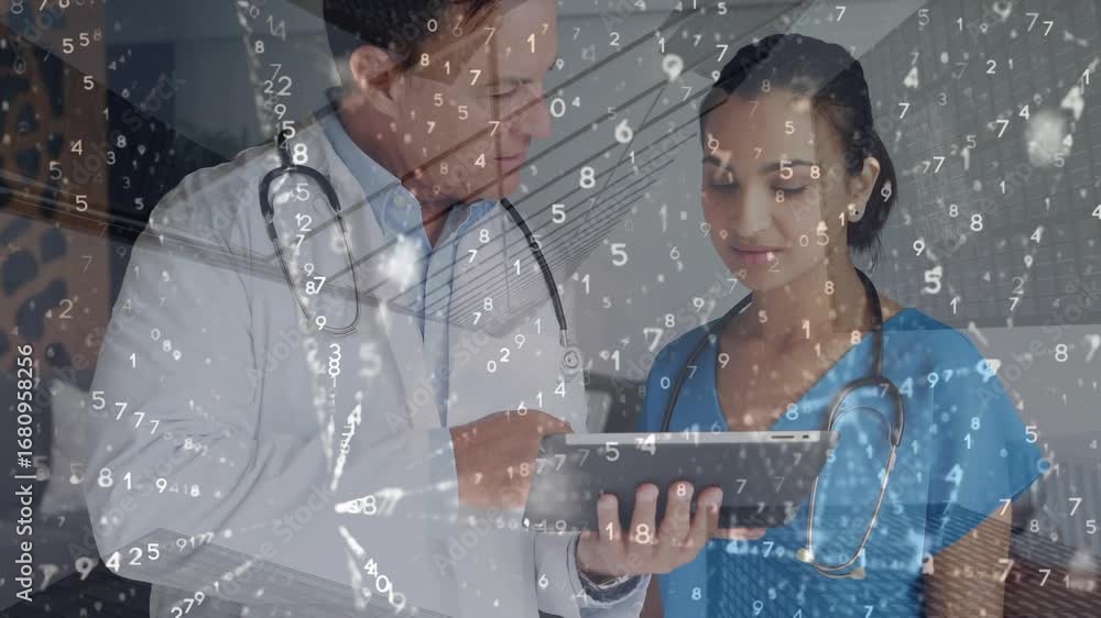 Poster animation of data processing over caucasian doctors using tablet