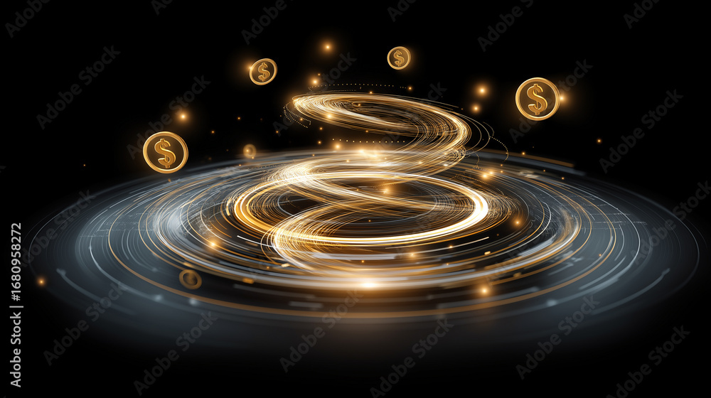 Poster a futuristic financial technology hub where ai algorithms manifest as flowing ribbons of light trans
