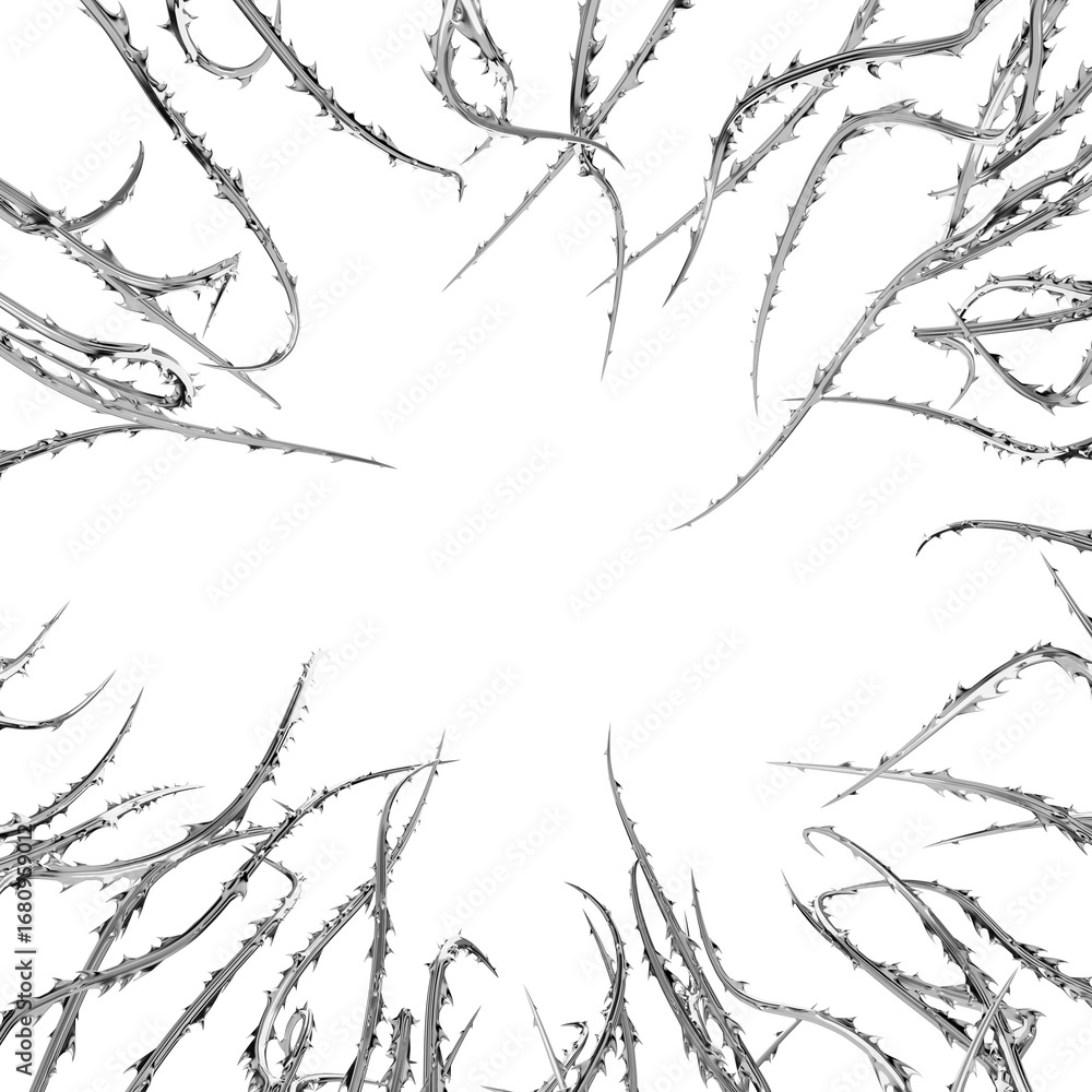 Poster high-resolution digital art of menacing metallic thorns creating a square boundary. this futuristic 