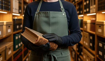 A close-up of a librarian or archivist's hands, wearing black gloves and a green apron, carefully holding a very old, large, and valuable leather-bound book.