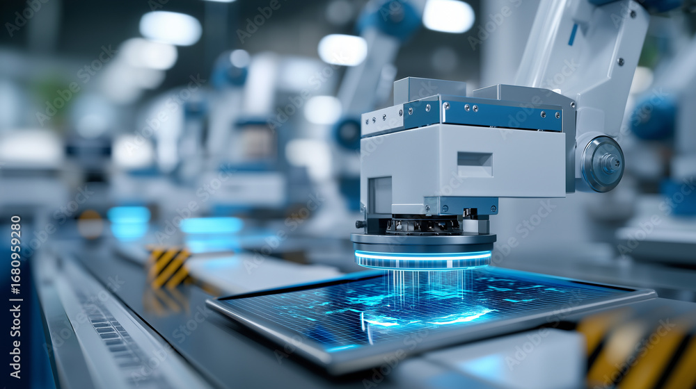 Poster sophisticated assembly line where ai powered vision systems guide robotic arms in real time componen