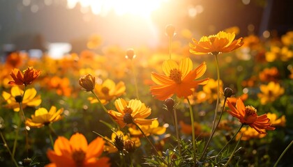 A field of vibrant orange and yellow cosmos flowers bathed in warm sunlight.