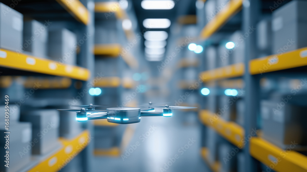 Poster futuristic warehouse automation with autonomous mobile robots navigating between towering shelves. l