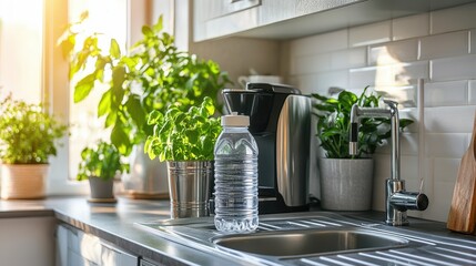 Fresh Kitchen Decor with Plants, Water Bottle, and Coffee Maker