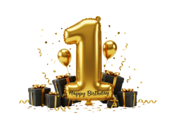 Isolated first birthday party theme with gifts and foil balloon number for celebration