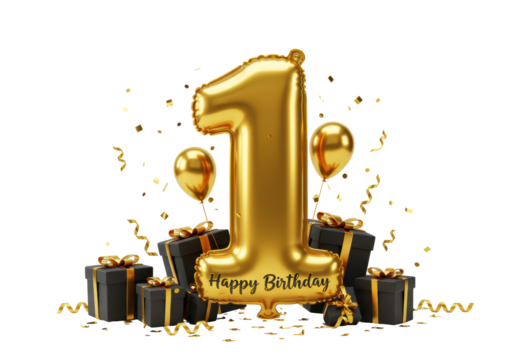 Isolated first birthday party theme with gifts and foil balloon number for celebration