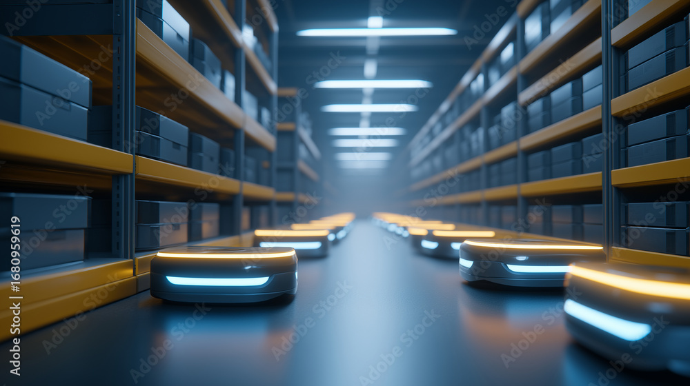 Poster futuristic warehouse automation with autonomous mobile robots navigating between towering shelves. l
