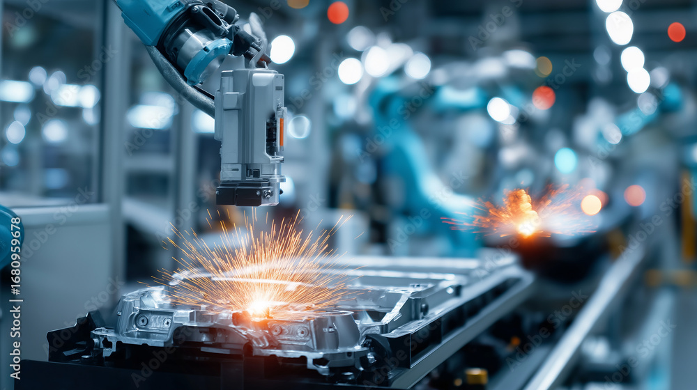 Poster advanced automotive assembly where collaborative robots (cobots) work alongside skilled technicians 