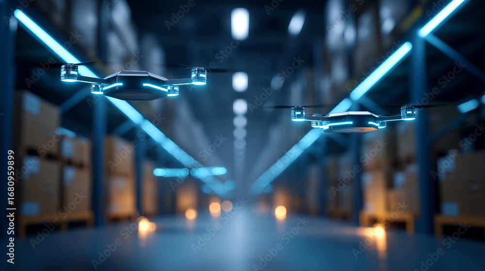 Poster futuristic warehouse automation with autonomous mobile robots navigating between towering shelves. l