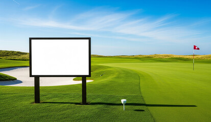 A blank white sign stands on a pristine, beautifully manicured golf course, with the ocean in the background, a perfect, luxurious mockup for a resort, tournament, or brand.