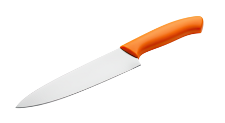 Closeup of a sharp kitchen knife with an orange handle.