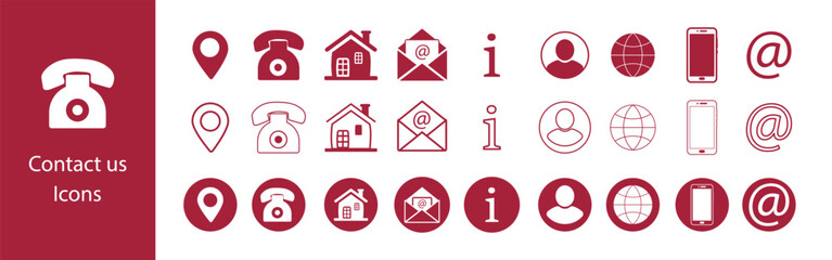 Contact Us Icon Set – Business Contact Information and Communication Symbols Vector Collection.