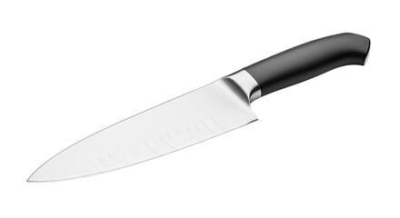 Closeup of a sharp kitchen knife with a black handle.